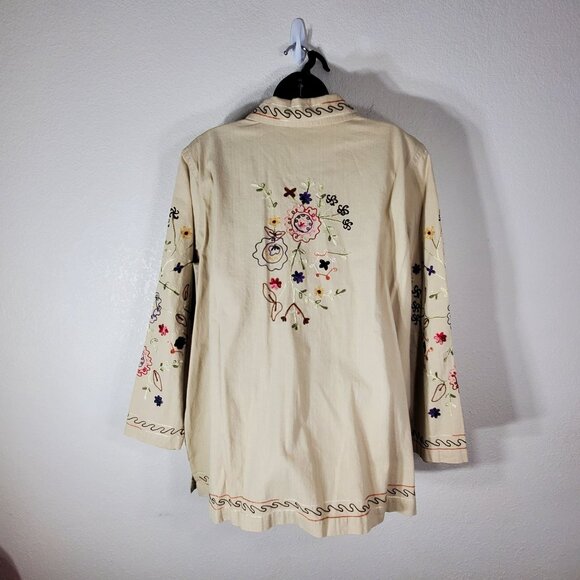 Denim & Co. Womens Beige Embroidered Button Shirt Jacket 1X Floral Long Sleeve - Picture 14 of 14